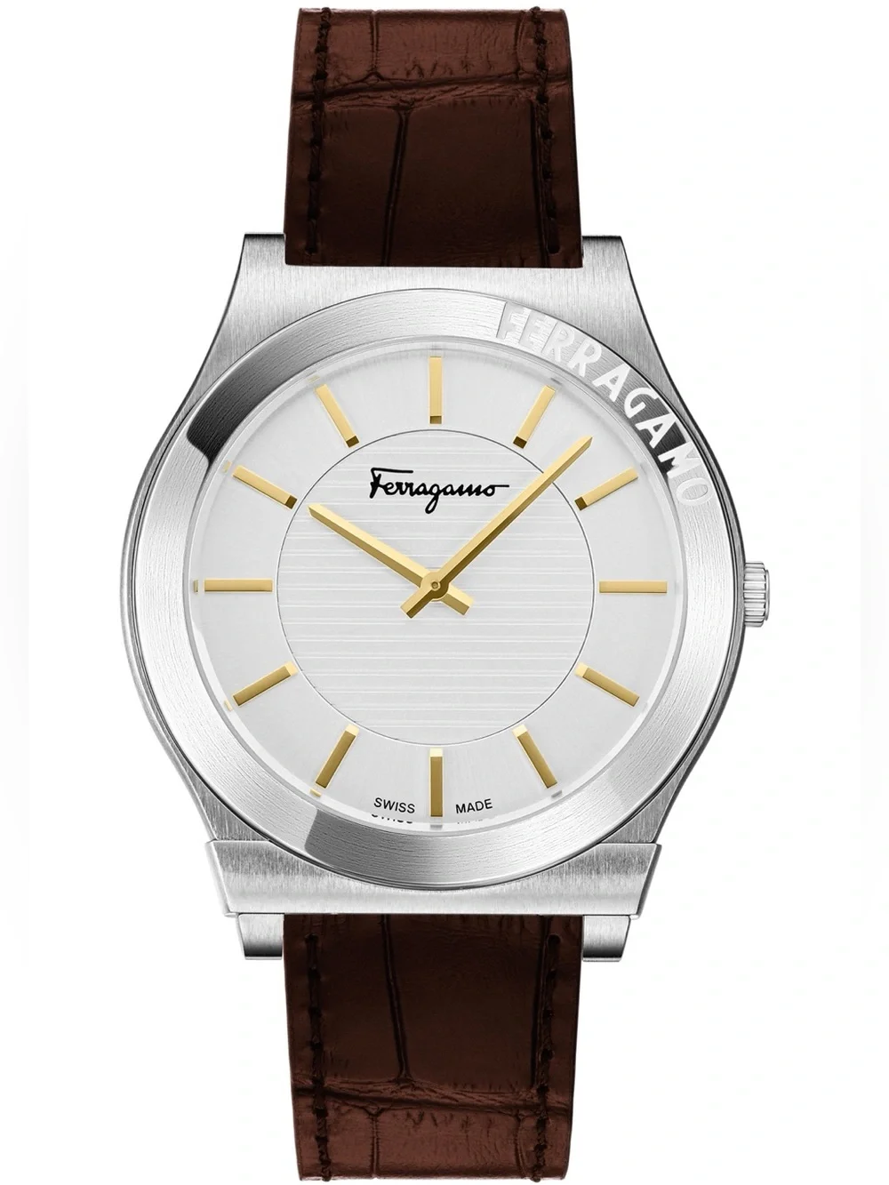 Brand New Salvatore Ferragamo Silver Dial Watch with Brown Leather Strap